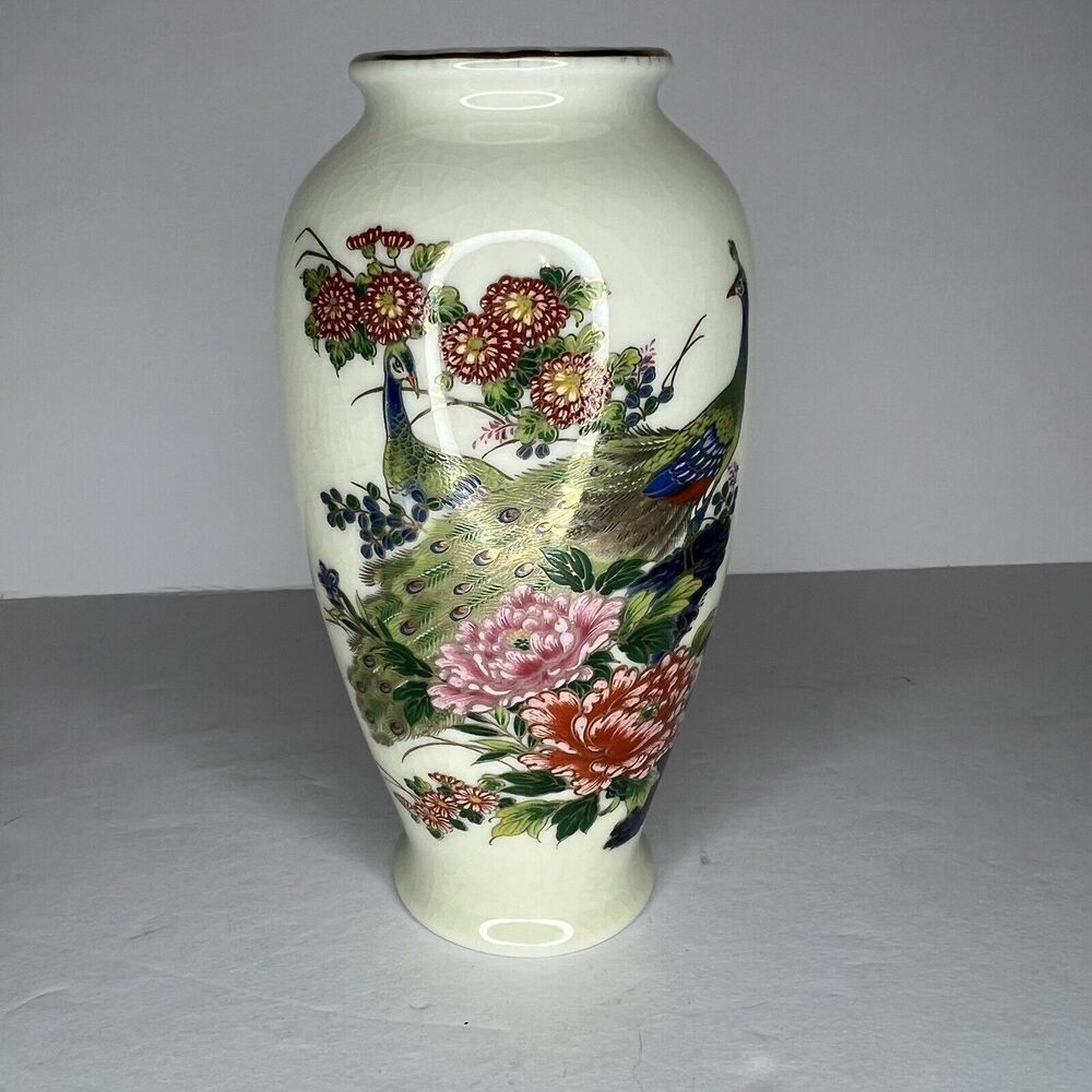 Vintage Royal Satsuma Double Peacock Floral Bud Vase 6”